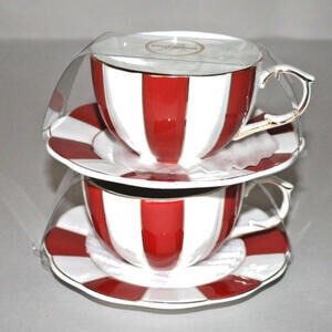 Grace Teaware Set of Two Teacup & Saucer Sets Large Red & White Stripes New